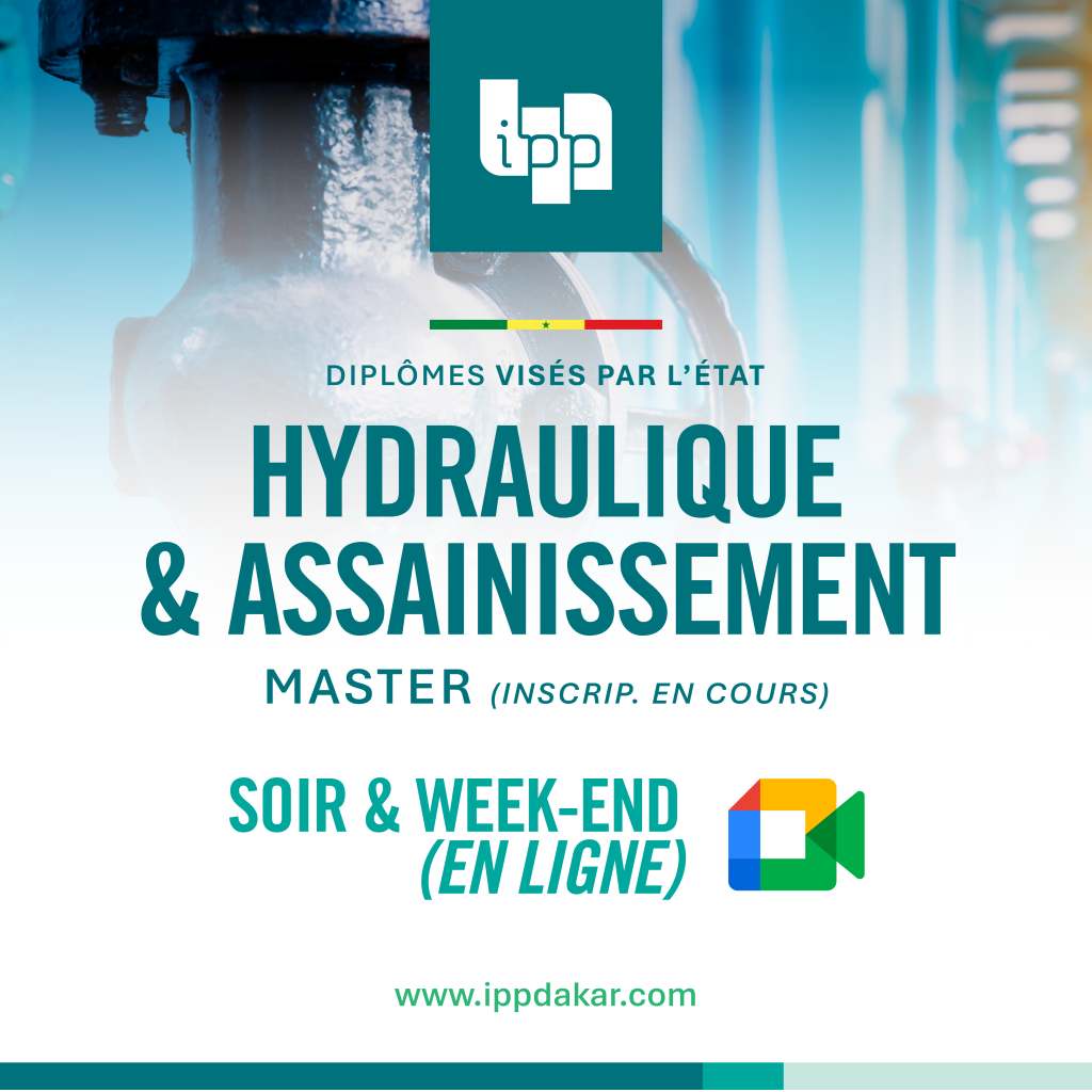 Affiche du Master Hydraulique et Assainissement en ligne, en cours du soir et week-end, proposé par l'Institut Polytechnique Panafricain (IPP)
