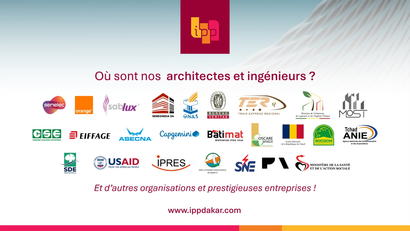 Où sont nos architectes et ingénieurs ? Logos des entreprises et institutions employant les diplômés de l'IPP Dakar : Senelec, Orange, Eiffage, ASECNA, Capgemini, Bureau Veritas, USAID, TER, ministères